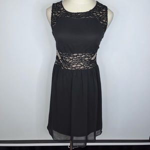 SWEET STORM Black Nude Mesh Lace Cutout Short A-Line Mini Dress Juniors Medium